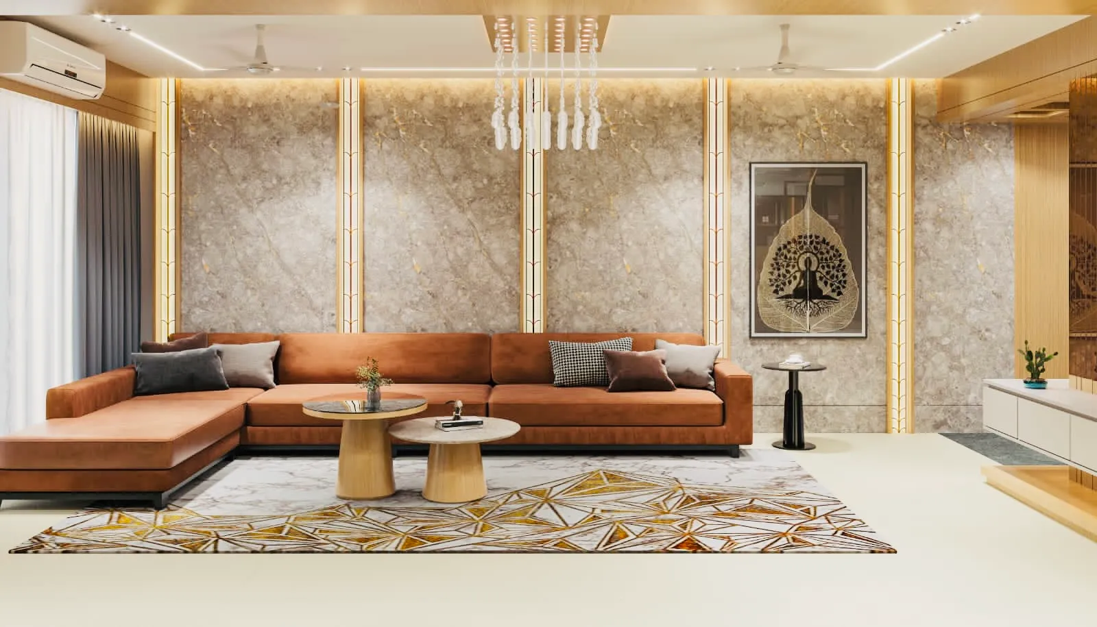 Living Room Sofa Area — residential interior design for project in Wakad, Pune by Leafply Interiors