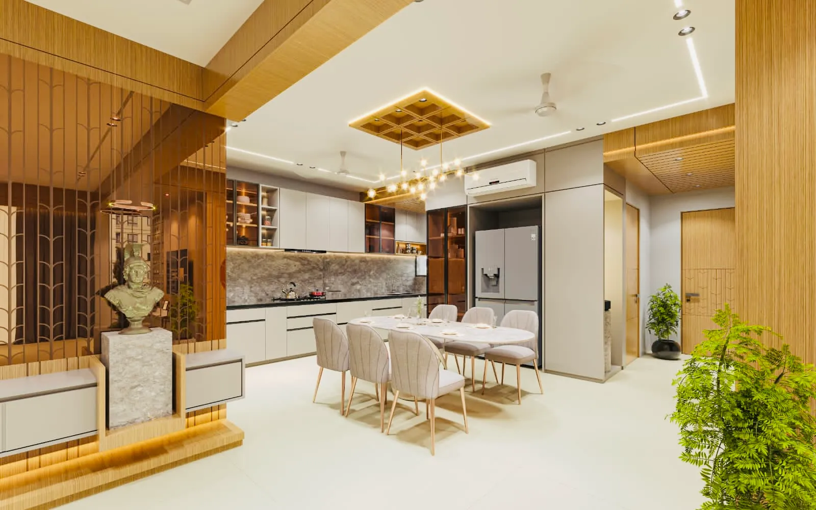 Dining + Kitchen Area — residential interior design for project in Hinjewadi, Pune by Leafply Interiors